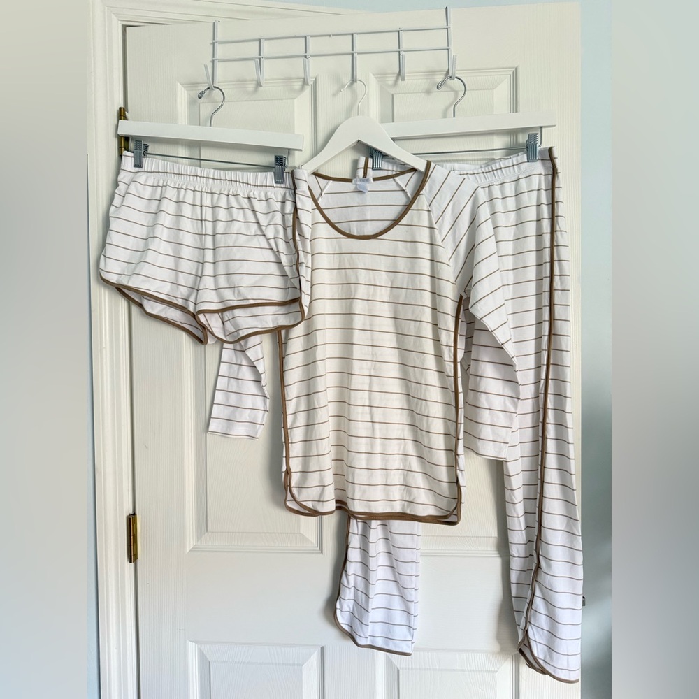 Lake Pajamas: White and Brown Striped Pajama Set with Top, Shorts & Pants
